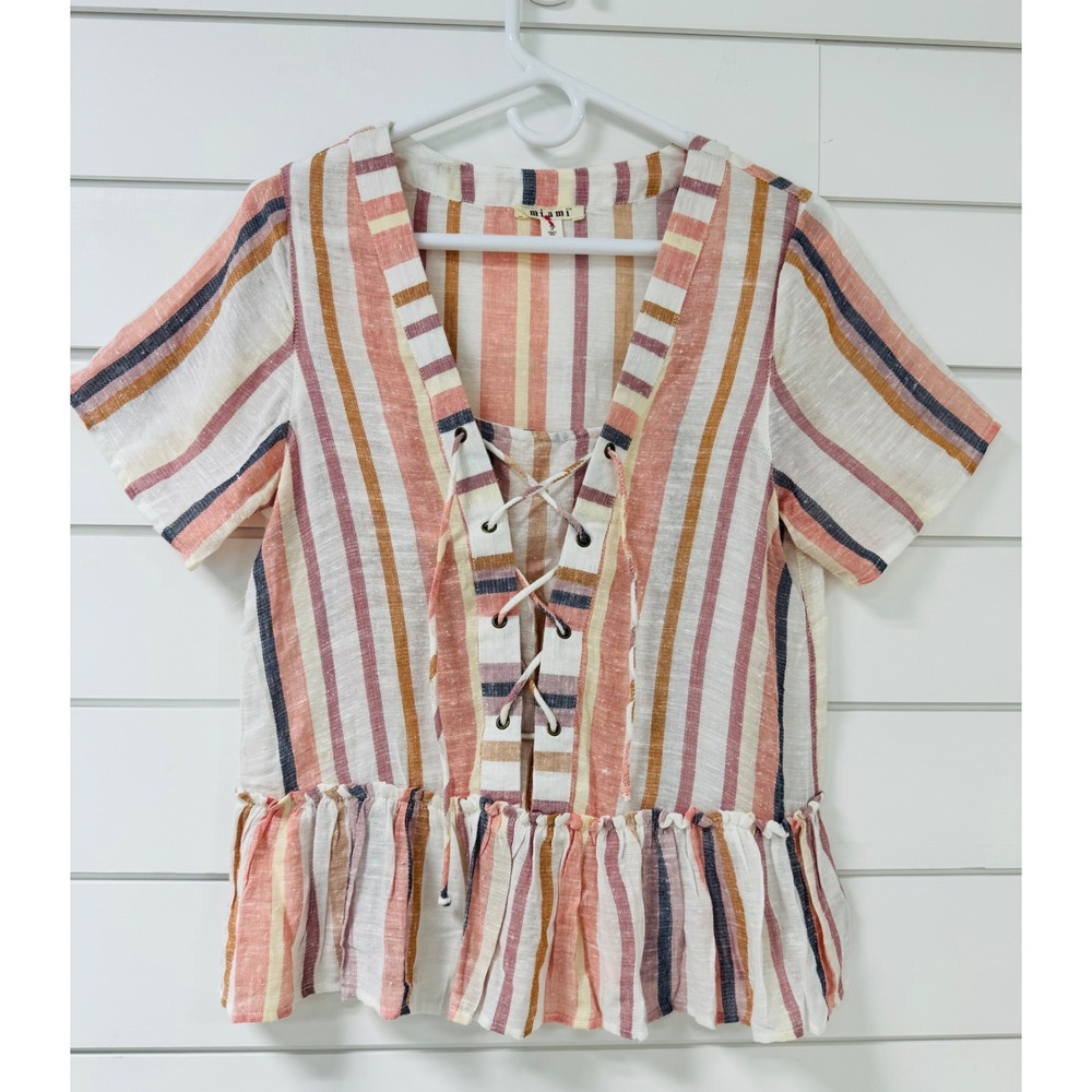 Miami Women Striped Lace Up Peplum Top Short Sleeve Multi Color Boho Blouse S